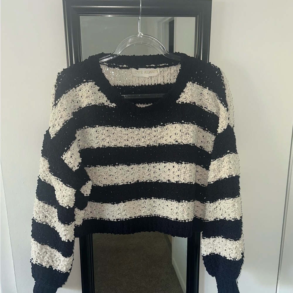 Love Always Black and Cream Striped Cropped Crewneck Sweater